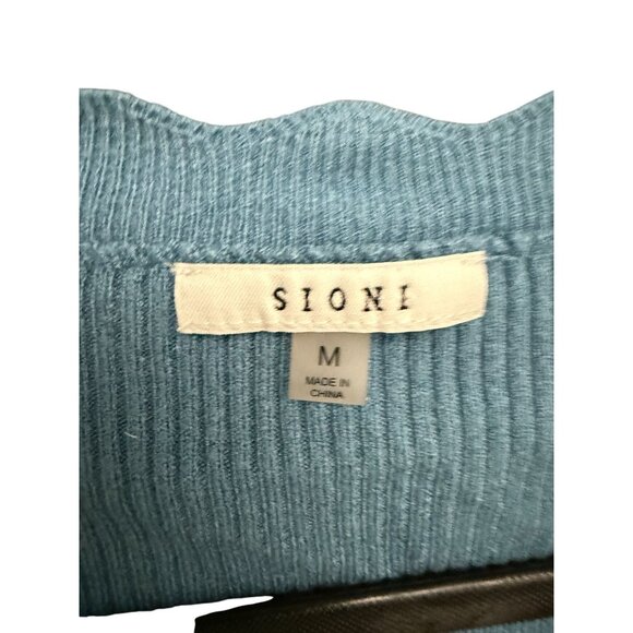 Sioni Cardigan Sweater Button Front Ribbed Sheer Floral Sleeves Blue Medium - Picture 4 of 12